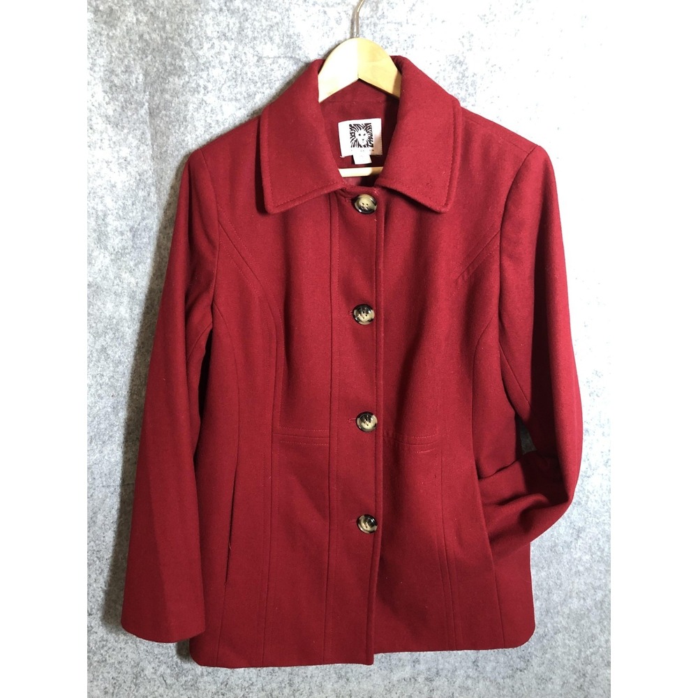 Anne Klein Jacket Womens Large Red Wool Blend Button Front Lined Pockets Warm
